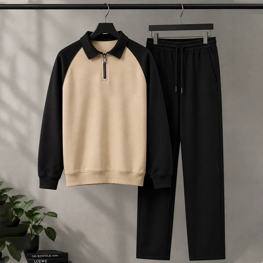 Beige & Black Quarter-Zip Raglan Tracksuit (Code: ST-7156)