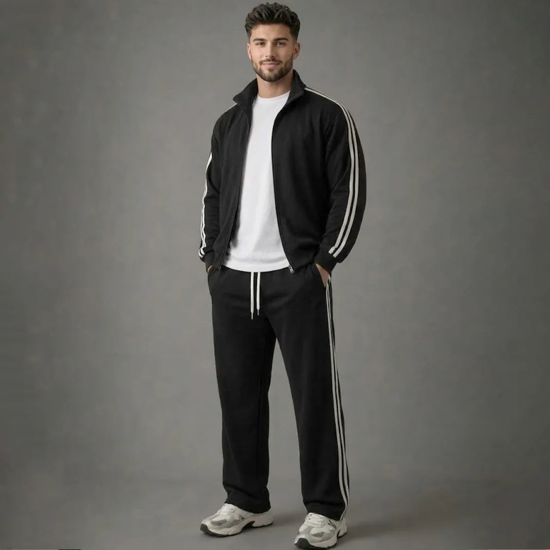 Black Double Striped Tracksuit With White T-shirt (Code: ST-7157)
