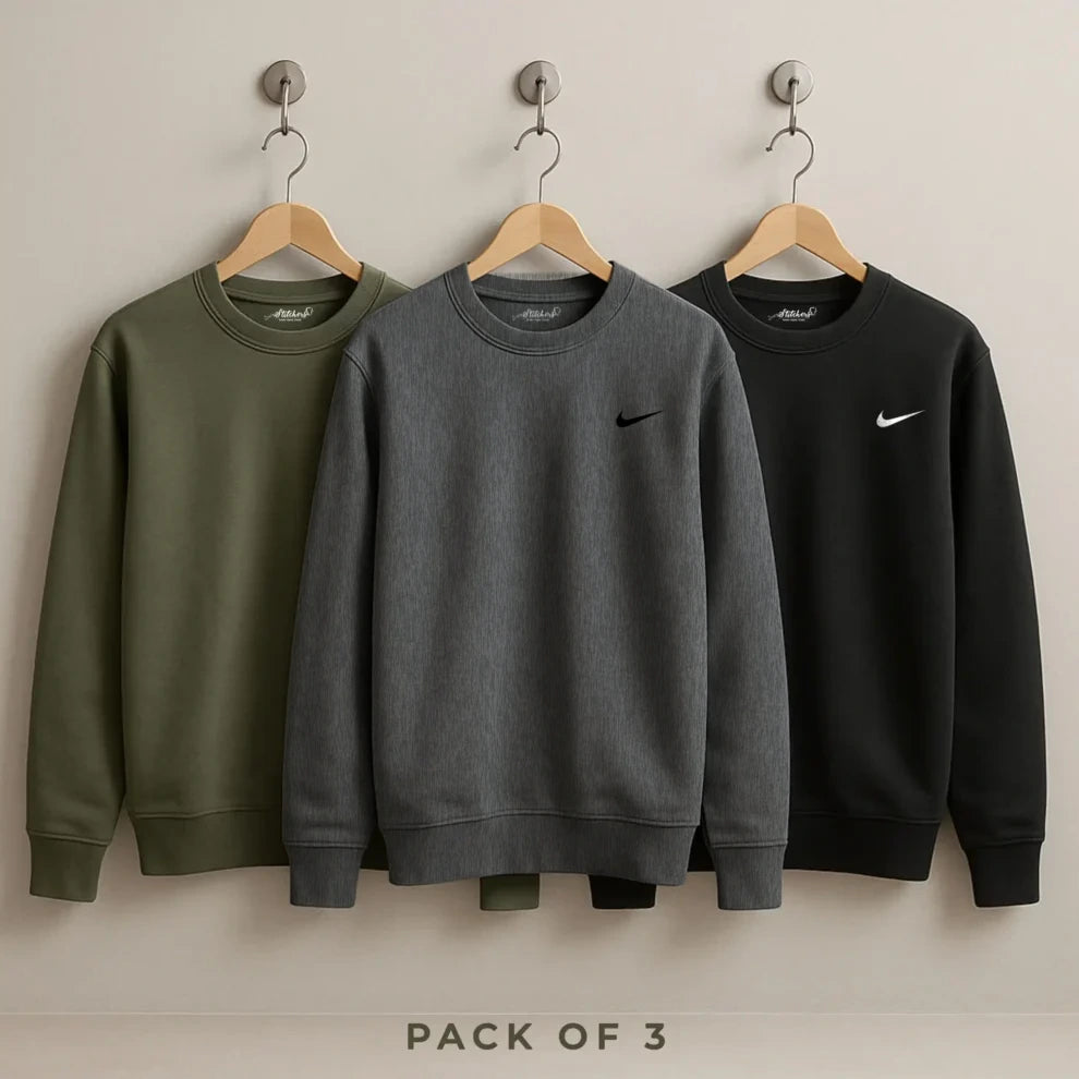 Pack of 3 Nik-e Sweatshirts | Black, Charcoal, and Olive (Code: ST-7144)
